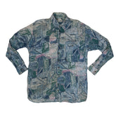 Vintage 90s abstract blue watercolour pattern ugly print long sleeve viscose shirt by Vela size larg